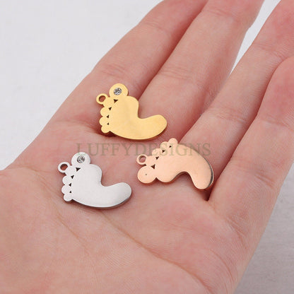10pcs CZ Footprint Charm, Baby Feet Pendant, New Baby Charm, 316L Stainless Steel, Cubic Zirconia Baby Footprint Pendant, Baby Shower