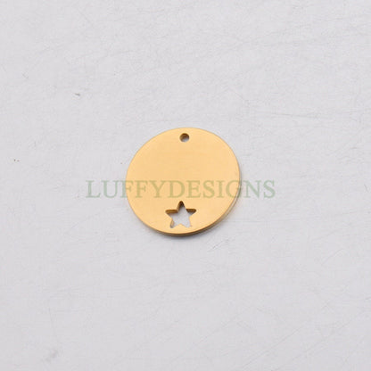 10pcs Round Disc Tags with Hollow Star, Metal Stamping Blanks Charms, Engravable Round Blanks Pendant, Gold/Rose Gold Plated Stainless Steel