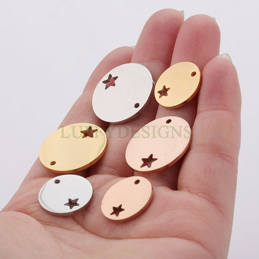 10pcs Round Disc Tags with Hollow Star, Metal Stamping Blanks Charms, Engravable Round Blanks Pendant, Gold/Rose Gold Plated Stainless Steel
