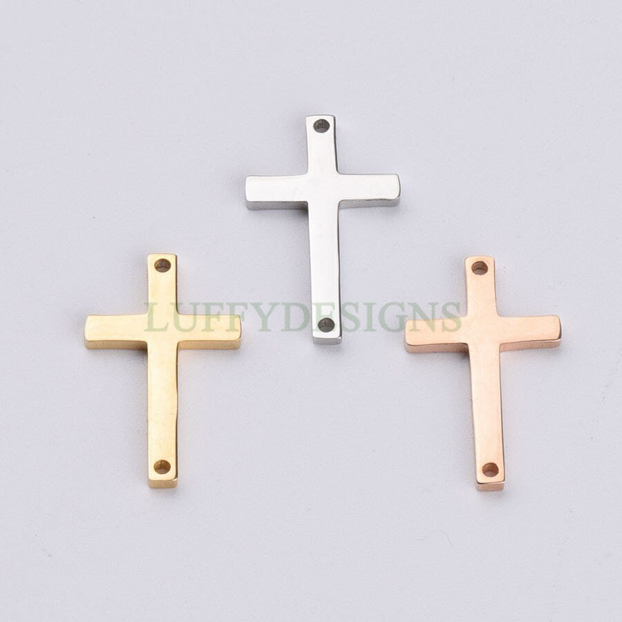 10pcs Cross Charms with Double Hole, Gold/ Rose Gold Steel Cross, Jewelry Making Supplies, Jesus Charm, Christian Charm, Catholic Charm