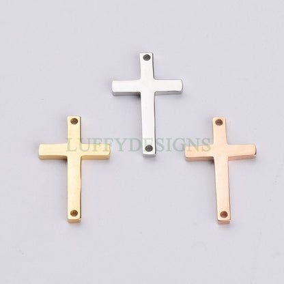 10pcs Cross Charms with Double Hole, Gold/ Rose Gold Steel Cross, Jewelry Making Supplies, Jesus Charm, Christian Charm, Catholic Charm
