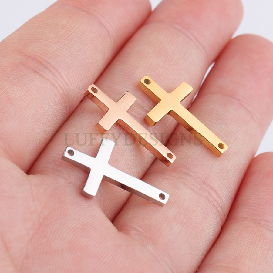 10pcs Cross Charms with Double Hole, Gold/ Rose Gold Steel Cross, Jewelry Making Supplies, Jesus Charm, Christian Charm, Catholic Charm