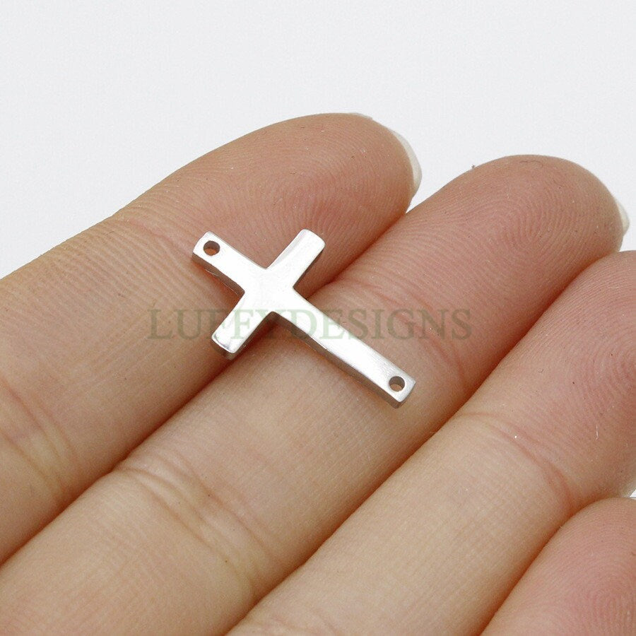 10pcs Cross Charms with Double Hole, Gold/ Rose Gold Steel Cross, Jewelry Making Supplies, Jesus Charm, Christian Charm, Catholic Charm