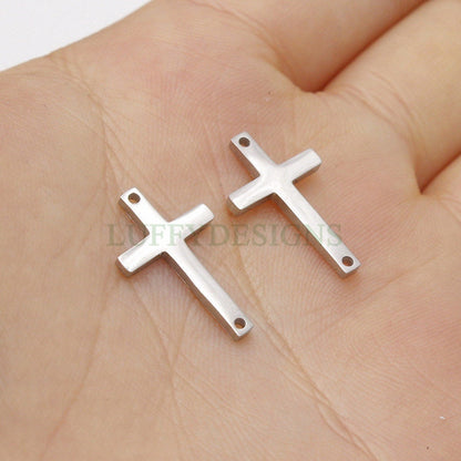 10pcs Cross Charms with Double Hole, Gold/ Rose Gold Steel Cross, Jewelry Making Supplies, Jesus Charm, Christian Charm, Catholic Charm