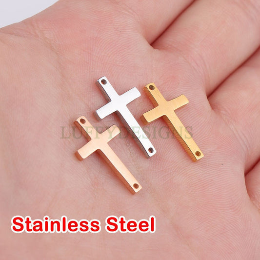 10pcs Cross Charms with Double Hole, Gold/ Rose Gold Steel Cross, Jewelry Making Supplies, Jesus Charm, Christian Charm, Catholic Charm