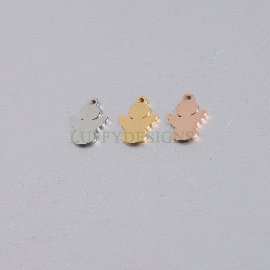 10pcs Angel Charm, Angel Wings Charm, Gold Angel Pendant, 18K Gold plated Stainless Steel, Metal Charms, Mirror Polished Angel Findings