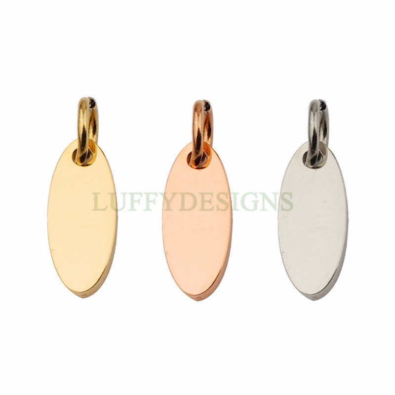 10pc Oval Tags, 12x5mm Blank Stamping Charm Pendant, Metal Stamping Blanks Charm, Engravable Oval Blank, Gold Plated Stainless Steel