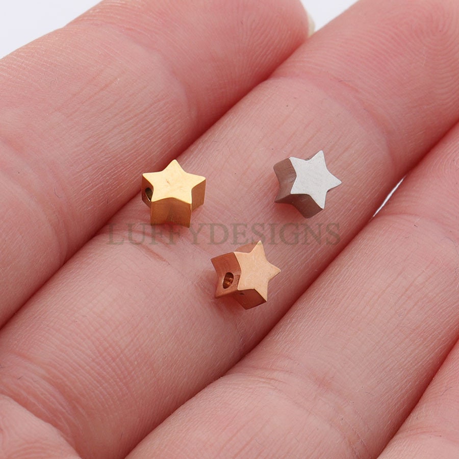 10pcs 3D Star Charms, Gold /Rose Gold plated Stainless Steel, Pentagram Beads, Five-pointed Star Pendants, Tiny Star Findings, 5mm/8mm