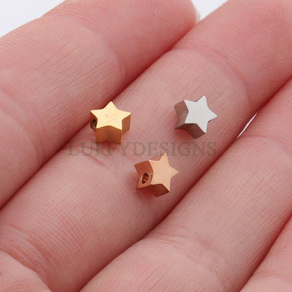 10pcs 3D Star Charms, Gold /Rose Gold plated Stainless Steel, Pentagram Beads, Five-pointed Star Pendants, Tiny Star Findings, 5mm/8mm