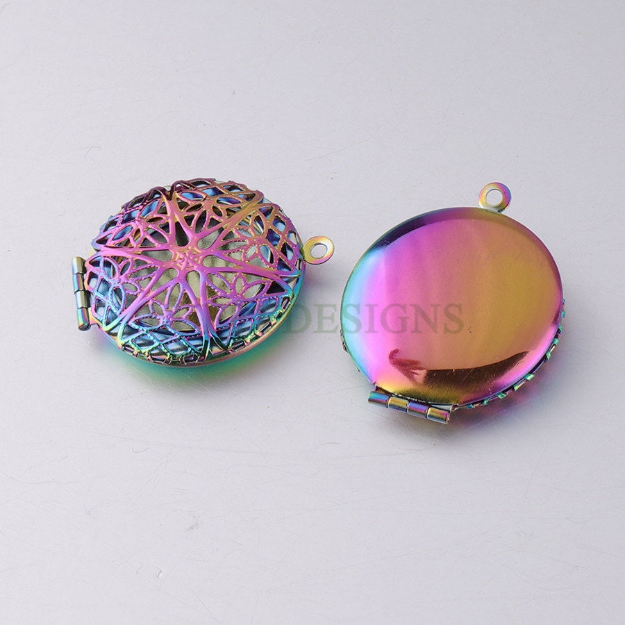 5pcs 27x32mm Hollow Phase Box Lockets Charms, Openable Round Photo Box Pendant, DIY Rainbow Photo Frame, Mirror Polished Stainless Steel