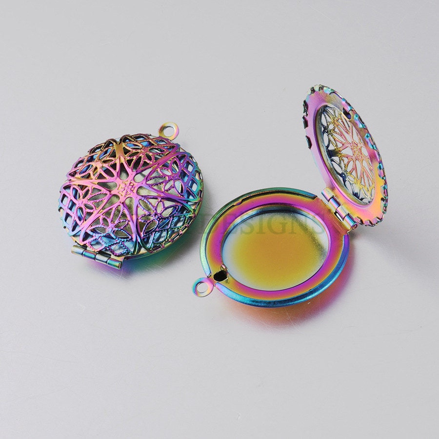 5pcs 27x32mm Hollow Phase Box Lockets Charms, Openable Round Photo Box Pendant, DIY Rainbow Photo Frame, Mirror Polished Stainless Steel