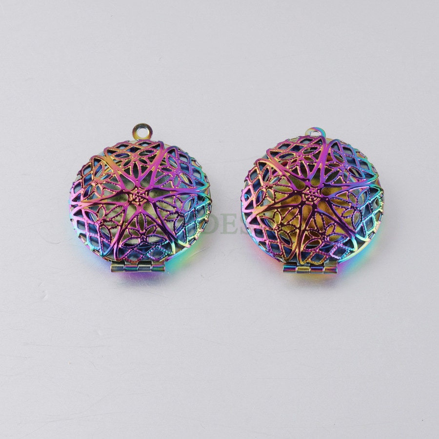 5pcs 27x32mm Hollow Phase Box Lockets Charms, Openable Round Photo Box Pendant, DIY Rainbow Photo Frame, Mirror Polished Stainless Steel