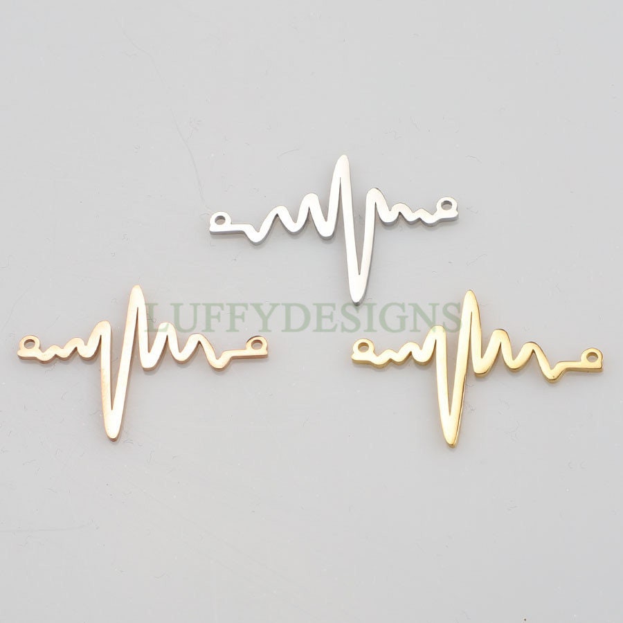 10pcs Heartbeat Charms, Gold/ Rose Gold Steel Findings, ECG Heartbeat Charm Pendant, Heartbeat Connector, Doctor/ Nurse Paramedic EMT charm