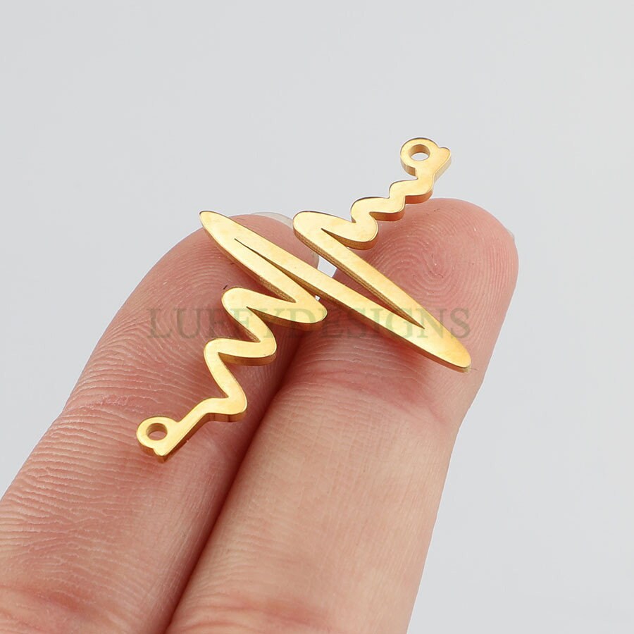 10pcs Heartbeat Charms, Gold/ Rose Gold Steel Findings, ECG Heartbeat Charm Pendant, Heartbeat Connector, Doctor/ Nurse Paramedic EMT charm