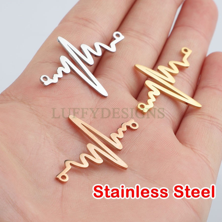 10pcs Heartbeat Charms, Gold/ Rose Gold Steel Findings, ECG Heartbeat Charm Pendant, Heartbeat Connector, Doctor/ Nurse Paramedic EMT charm
