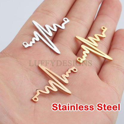 10pcs Heartbeat Charms, Gold/ Rose Gold Steel Findings, ECG Heartbeat Charm Pendant, Heartbeat Connector, Doctor/ Nurse Paramedic EMT charm