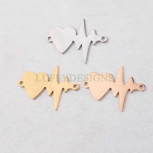 10pcs Heartbeat Charm, 18K Gold plated Stainless Steel, Heartbeat Connector, ECG Heartbeat Charm Pendant, Heart Charm, Love Charm, 20x28mm