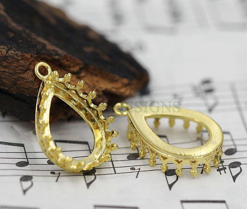 10pcs Teardrop Crown Bezel Cup 10x14mm, Silver /24K Gold plated Brass, Blank Bezel Base Setting, Gemstone Pendant Trays, Cabochon Base