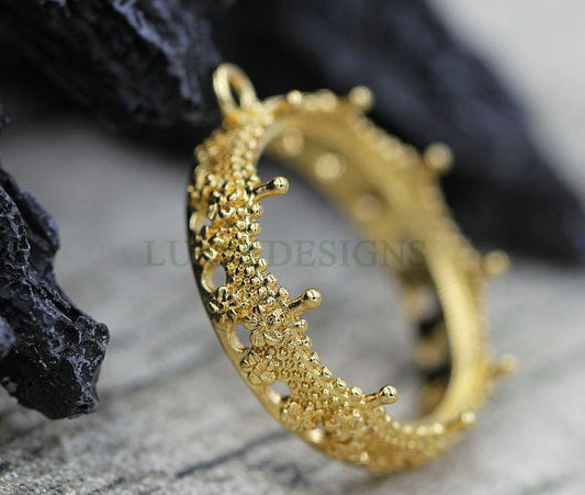 10pcs Round Crown Bezel Cup 20mm/25mm, Silver /24K Gold plated Brass, Double Loops Blank Bezel Base Setting, Gemstone Cabochon Pendant Base