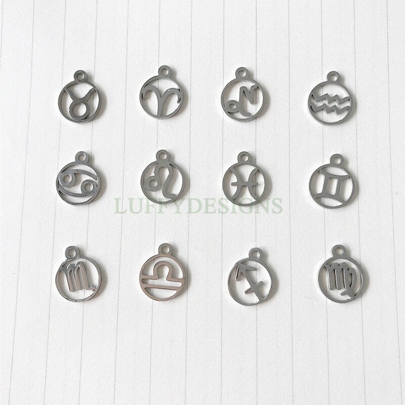 WHOLESALE 12pcs/10pcs Round Zodiac Symbol Constellation Charm,Gold Hollow Gold Stainless Steel Findings,Metal Charms,Jewelry Making Supplies
