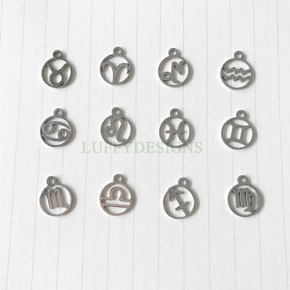 WHOLESALE 12pcs/10pcs Round Zodiac Symbol Constellation Charm,Gold Hollow Gold Stainless Steel Findings,Metal Charms,Jewelry Making Supplies