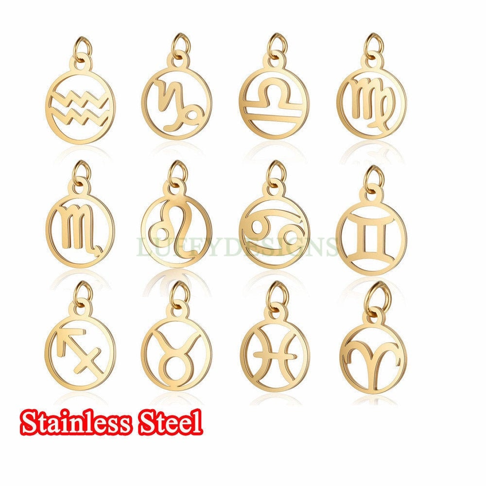 WHOLESALE 12pcs/10pcs Round Zodiac Symbol Constellation Charm,Gold Hollow Gold Stainless Steel Findings,Metal Charms,Jewelry Making Supplies