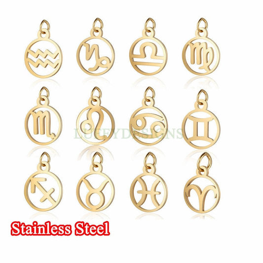 WHOLESALE 12pcs/10pcs Round Zodiac Symbol Constellation Charm,Gold Hollow Gold Stainless Steel Findings,Metal Charms,Jewelry Making Supplies