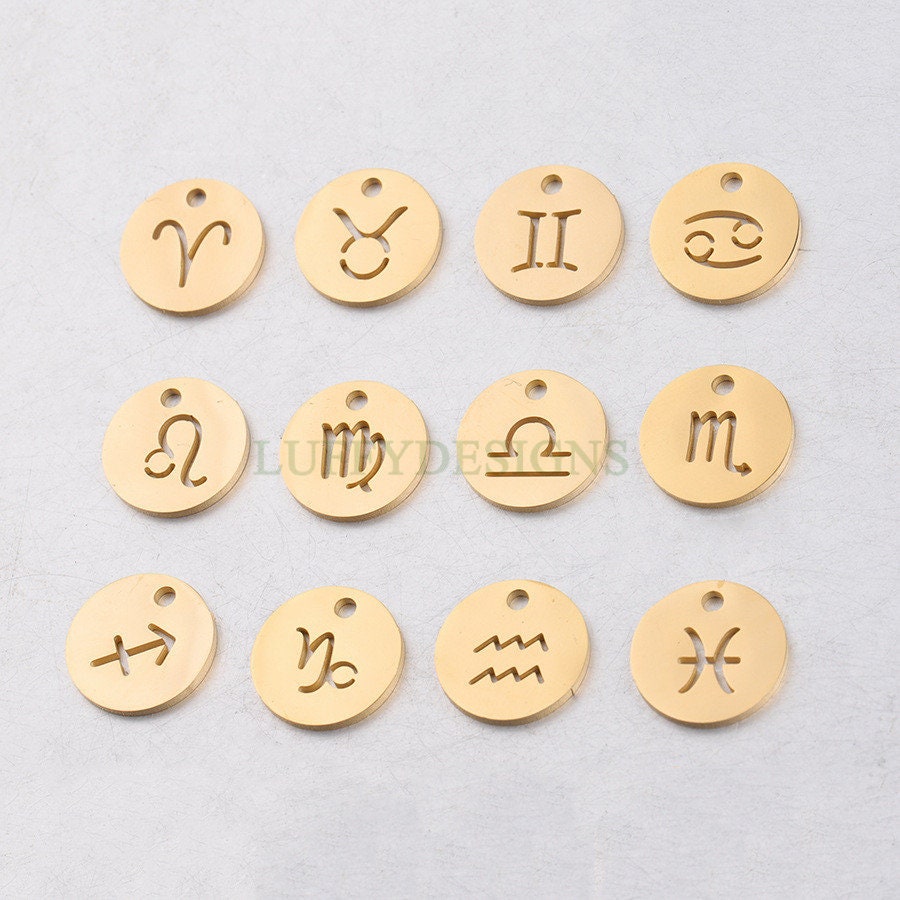 5pcs Round Zodiac Symbol Constellation Charm, Gold plated Stainless Steel, Gold Zodiac Pendant, Constellation Pendant, Mirror Polished, 12mm