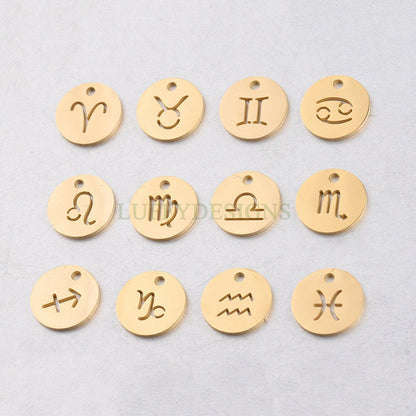 5pcs Round Zodiac Symbol Constellation Charm, Gold plated Stainless Steel, Gold Zodiac Pendant, Constellation Pendant, Mirror Polished, 12mm