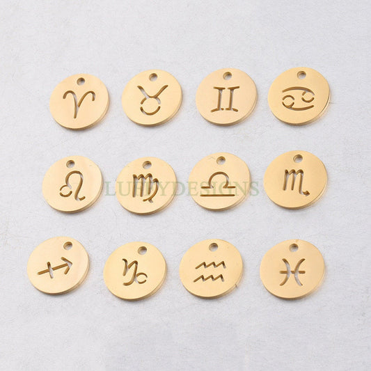 5pcs Round Zodiac Symbol Constellation Charm, Gold plated Stainless Steel, Gold Zodiac Pendant, Constellation Pendant, Mirror Polished, 12mm
