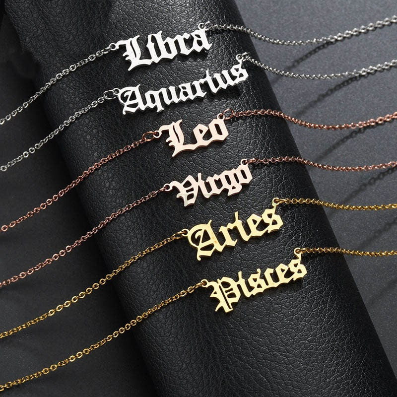 5pcs Zodiac Words Constellation Charm, Gold Horoscope Pendant, Astrology Zodiac Sign, 18K Gold Plated Stainless Steel, Astrological Charm