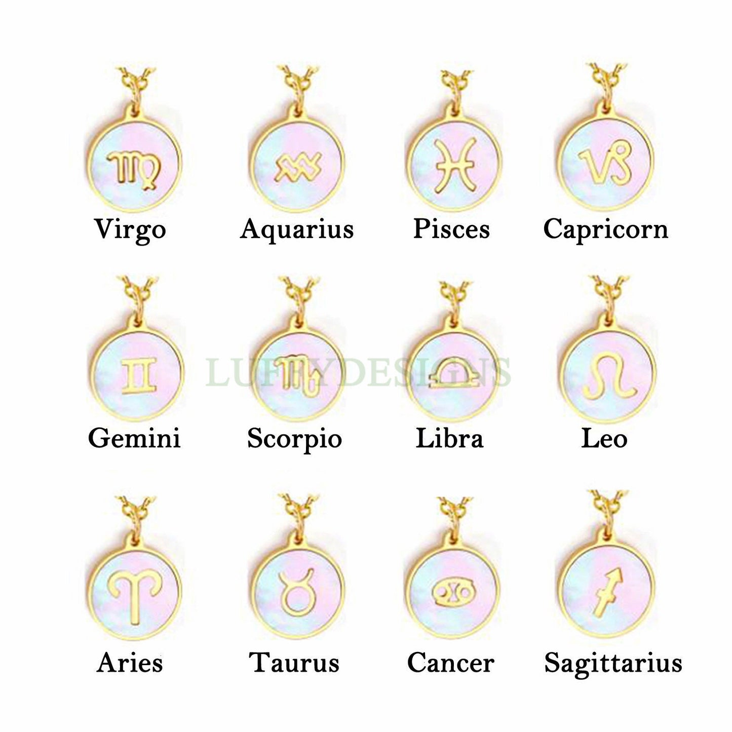 2pcs Zodiac Constellation Charm, Shell Horoscope Pendant, Mother of Pearl Astrology Zodiac Sign, Gold Stainless Steel, Astrological Charm