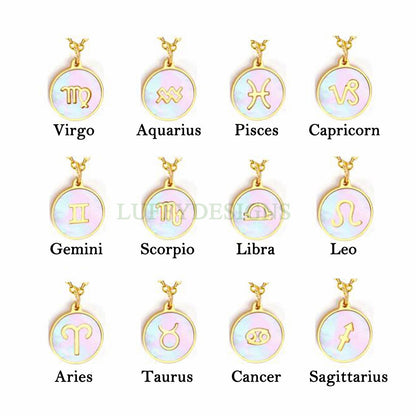 2pcs Zodiac Constellation Charm, Shell Horoscope Pendant, Mother of Pearl Astrology Zodiac Sign, Gold Stainless Steel, Astrological Charm