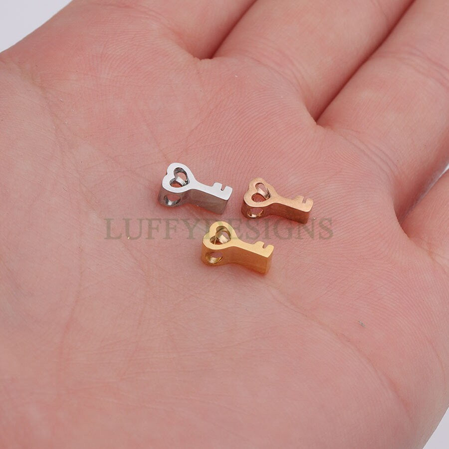 10pcs 3D Key Charms, Gold /Rose Gold plated Stainless Steel, 8x5mm Key Beads, Gold Key Pendants, Tiny Key Findings