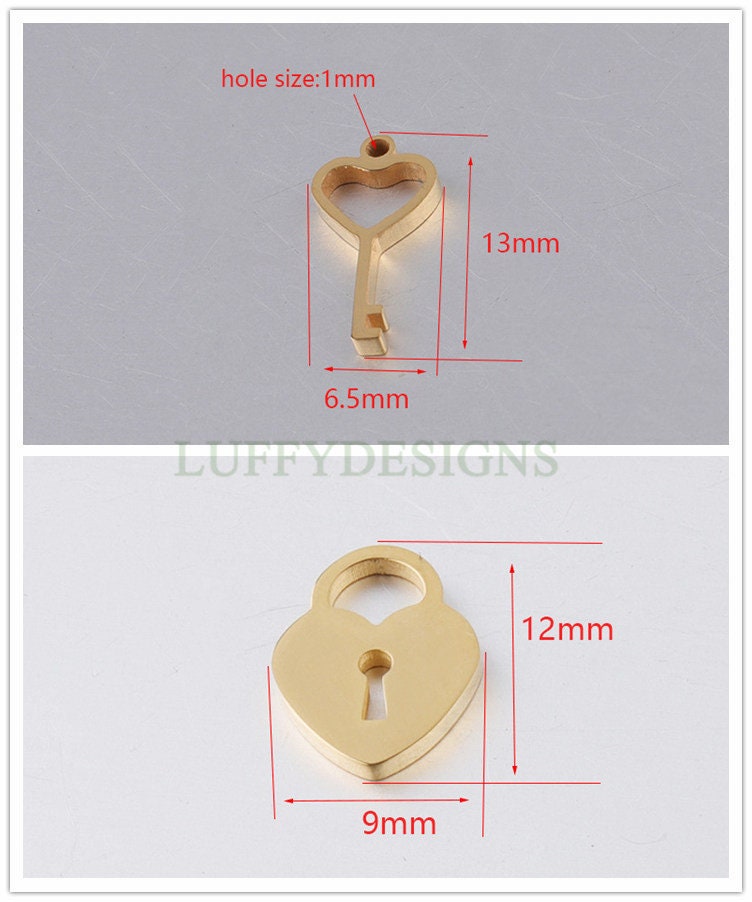 10pcs 3D Key and Lock Charms, Gold /Rose Gold plated Stainless Steel, Gold Key and Lock Pendant, Tiny Key and Lock Findings, Mirror Polished