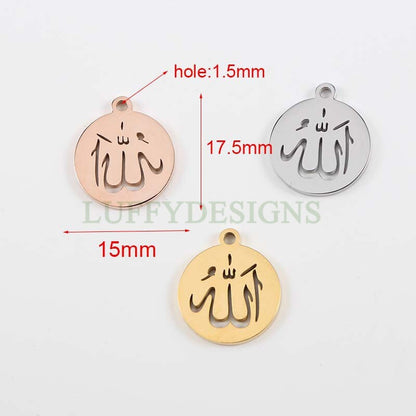 10pcs Islamic ALLAH الله and Mohammed محمد PBUH, Gold Islamic Charm Pendant, Religion Charm, Mirror Polished Staninless Steel Findings