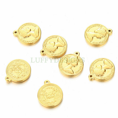 5pcs Queen Elizabeth II Charms, Gold Coin Pendant, Dainty Elizabeth Medallion Charm Pendant, Gold plated Stainless Steel, Vintage Coin Charm