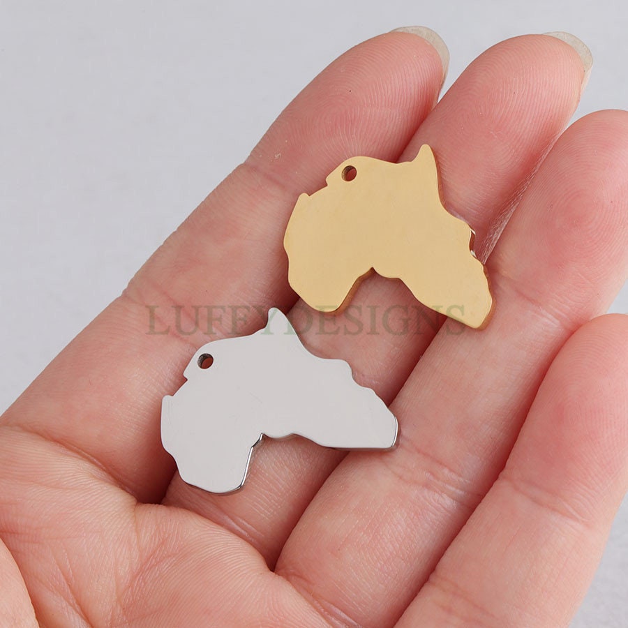 10pcs Africa Charm, Africa Map Pendant, Gold Africa Charm Pendant, Travel Jewelry, 18K Gold plated Stainless Steel, Gold Africa Pendant