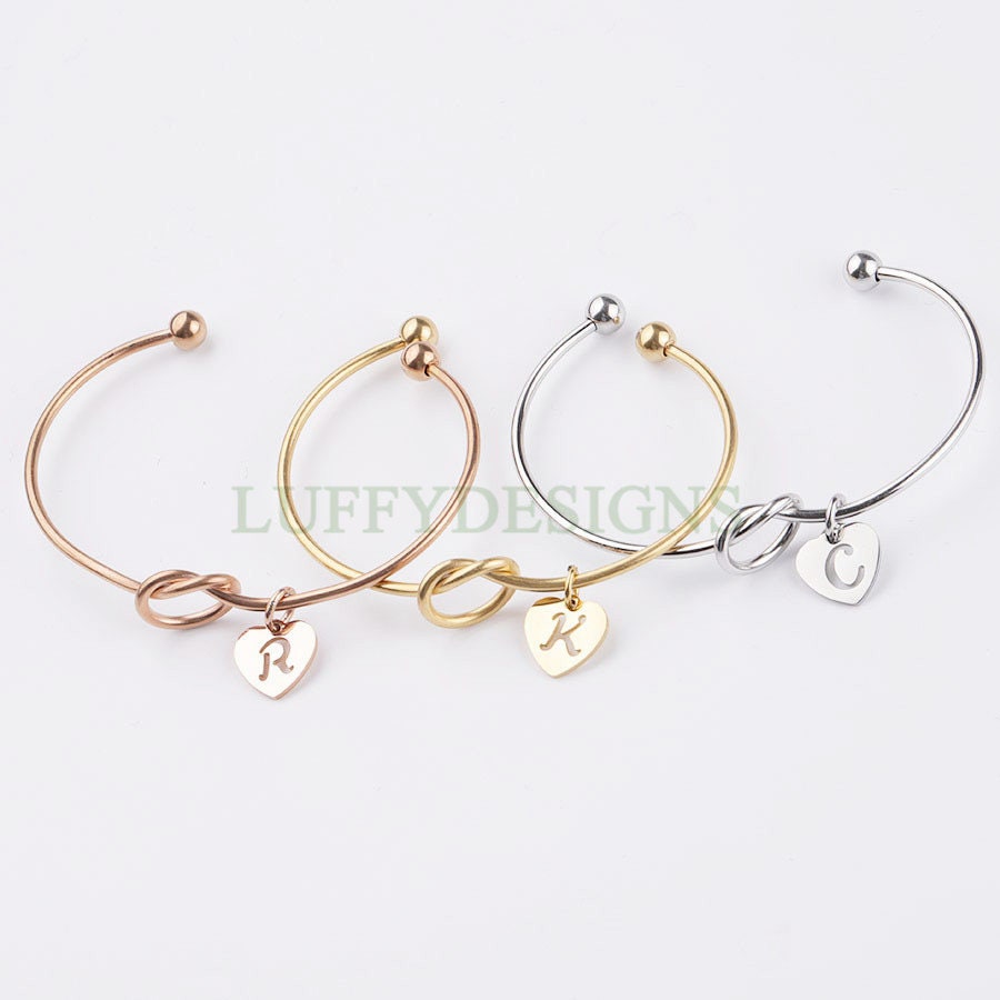 Initial Knot Bangle, Bridesmaid Gift, Personalized Name Bangle, Gold Initial Bangle, Love Knotted Bracelet, Tie the Knot Bangle, Custom Word