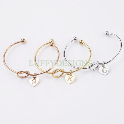Initial Knot Bangle, Bridesmaid Gift, Personalized Name Bangle, Gold Initial Bangle, Love Knotted Bracelet, Tie the Knot Bangle, Custom Word
