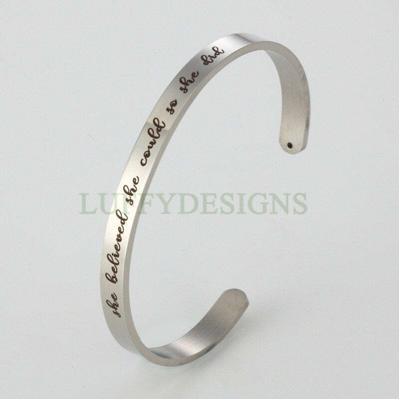 Personalized Bangle Bracelet, Inspirational Cuff Bracelet, Custom Name Bangle, Engraved Cuff Bracelet, Customized Steel Cuff, Gift for Her
