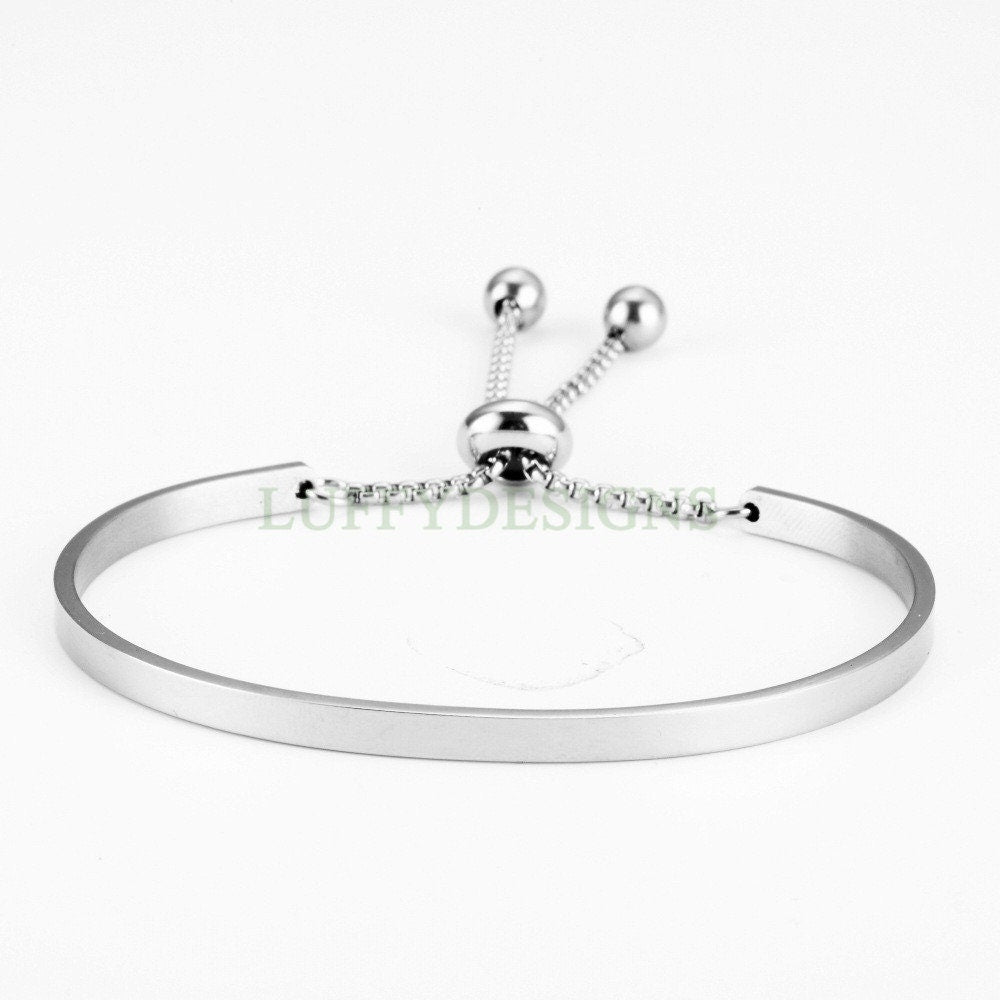 Personalize Bar Bracelet, Personalize Signature Bangle, Custom Engraved Bolo Bracelet, Adjustable Slider Bead Gift for Her Friendship Gift
