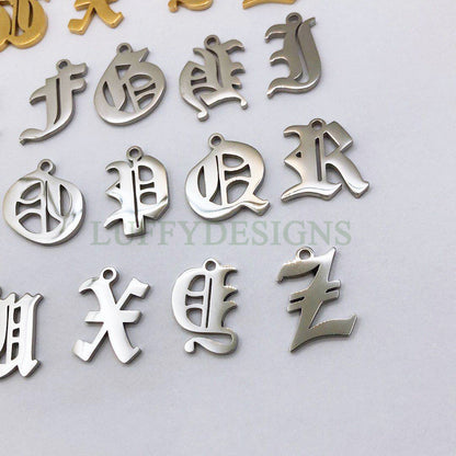 Gothic Letter Charm, Alphabet Charm, Gold Letter Charm, 26 Letters Initial Charms, Gold Plated Stainless Steel, Old English Letter Pendant