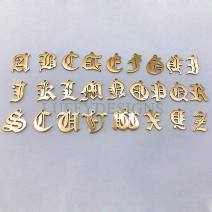 Gothic Letter Charm, Alphabet Charm, Gold Letter Charm, 26 Letters Initial Charms, Gold Plated Stainless Steel, Old English Letter Pendant