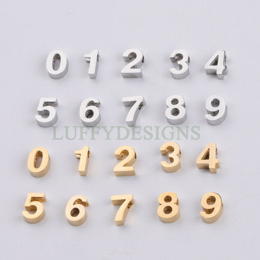 5pcs 3D Number Charms, Number Hole Beads, Anniversary Necklace, 18K Gold Plated Stainless Steel, Mirror Polished Number