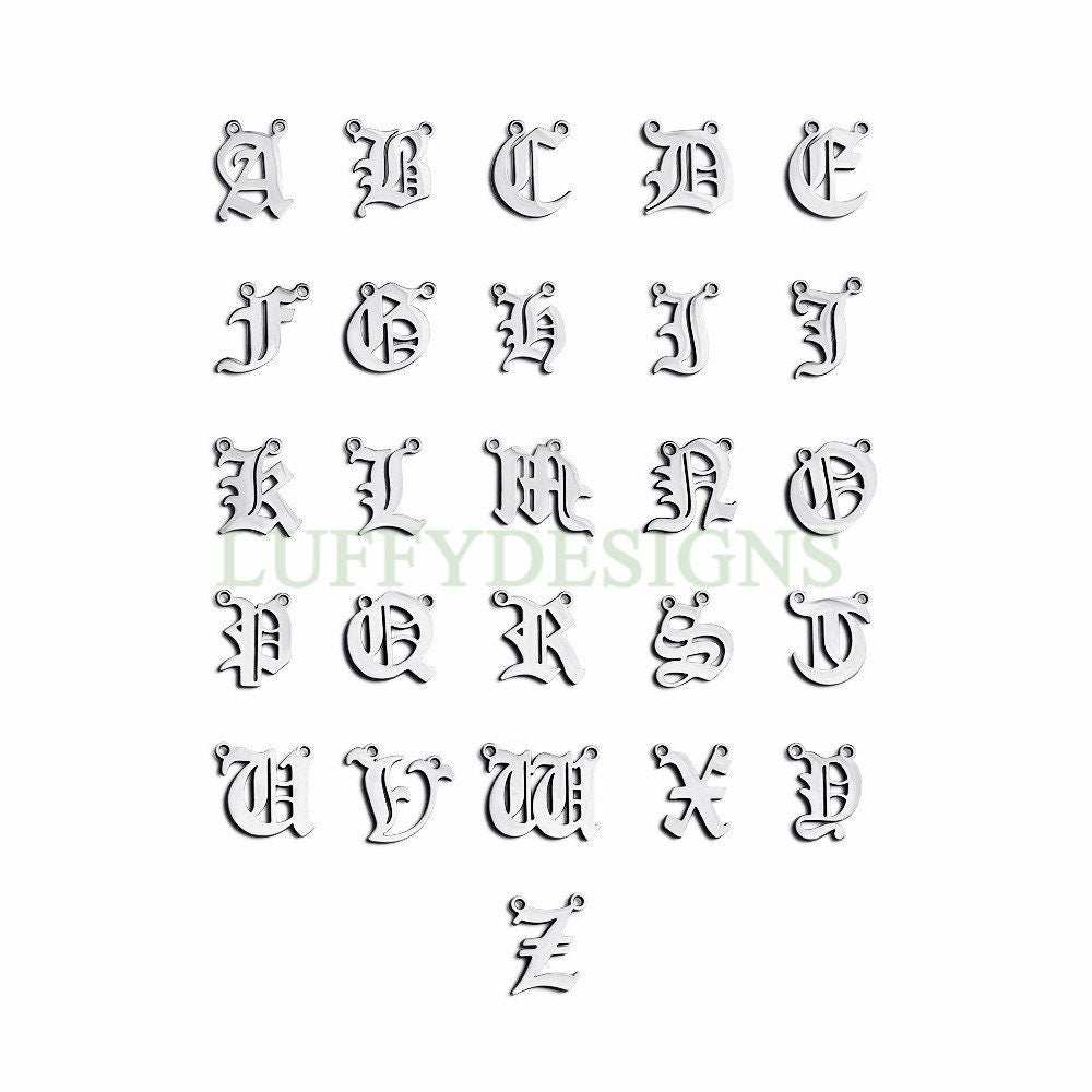 Gothic Letter Charm, Alphabet Charm, Gold Letter Charm, 26 Letters Initial Charms, Gold Plated Stainless Steel, Old English Letter Pendant