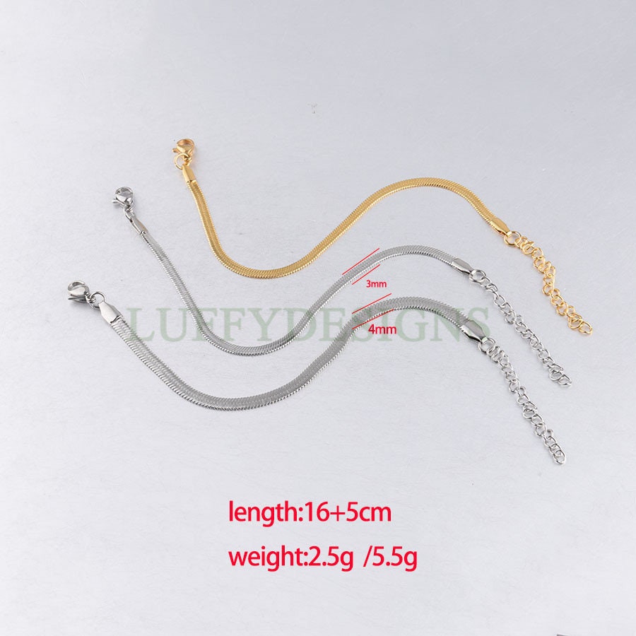 5pcs Finished Flat Snake Bracelet, Gold Snake Bracelet Chains, 18k Gold plated 316L Stainless Steel, DIY Bracelet Making Findings, 3mm/4mm