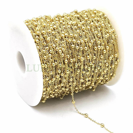 16ft/5m Gold Beads Chain, 1.2mm/1.5mm Silver Chain with Beads, 18k Gold plated Stainless Steel, Spacer Beads Chain, Unfinished Chain