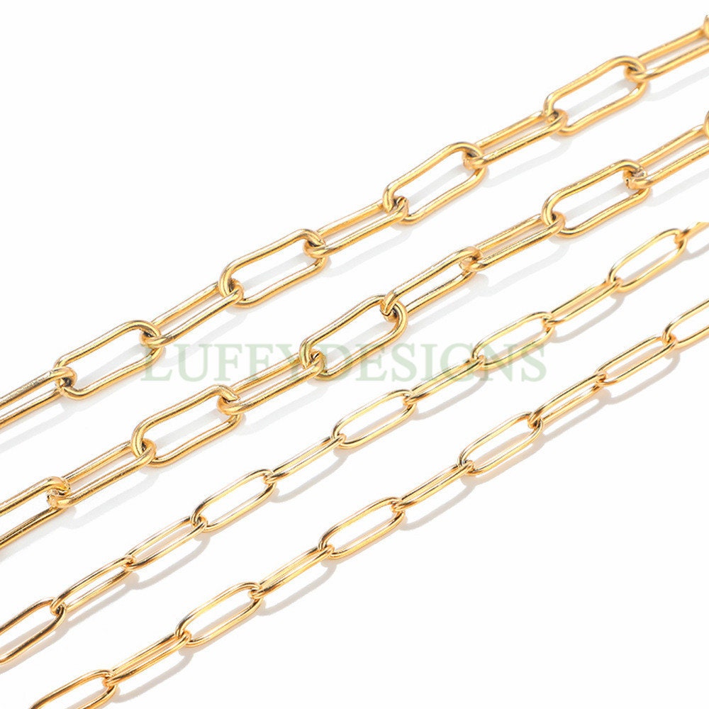 16ft/5m Rectangle Link Chain, Gold plated Stainless Steel, Unfinished Round Oval Cable Chain, Paper Clip Chain, Chunky Long Link Chain Bulk