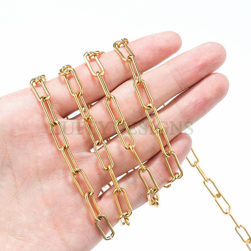16ft/5m Rectangle Link Chain, Gold plated Stainless Steel, Unfinished Round Oval Cable Chain, Paper Clip Chain, Chunky Long Link Chain Bulk
